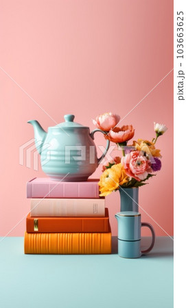 A tea pot and a stack of books on a table. Generative AI image. 103663625