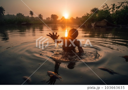 A person in a body of water with a sun in the background. Generative AI image. 103663635
