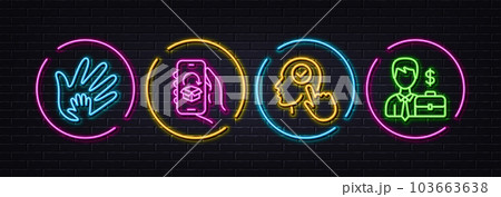 Delivery app, Social responsibility and Select user minimal line icons. Neon laser 3d lights. Businessman case icons. For web, application, printing. Return package, Hand, Head with checkbox. Vector Delivery app, Social responsibility and Select user minimal line icons. Neon laser 3d lights. Businessman case icons. For web, application, printing. Return package, Hand, Head with checkbox. Vector 103663638