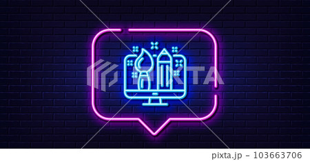 Neon light speech bubble. Creative design line icon. Graphic designer sign. Brush and pencil symbol. Neon light background. Creative design glow line. Brick wall banner. Vector 103663706