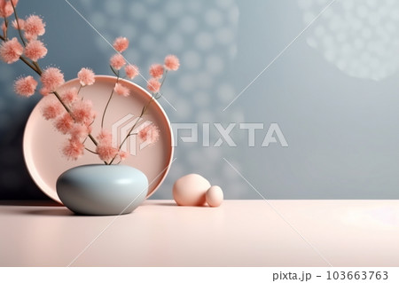 Composition of a ceramic vase with a bouquet of flowers. Stylish home decor. Modern interior design. Pastel colors 103663763