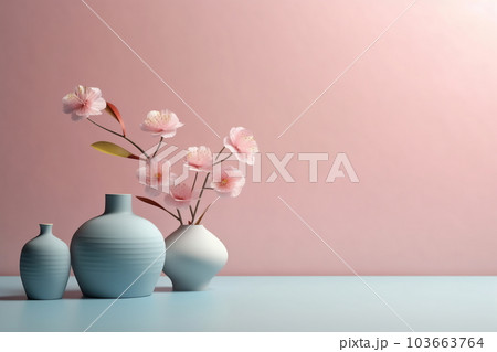 Composition of a ceramic vase with a bouquet of flowers. Stylish home decor. Modern interior design. Pastel colors 103663764