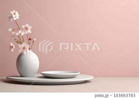 Composition of a ceramic vase with a bouquet of flowers. Stylish home decor. Modern interior design. Pastel colors 103663765