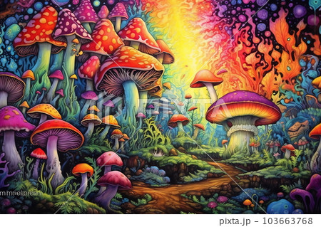 Magic mushrooms. Psychedelic hallucination. Vibrant illustration. 60s 70s hippie colorful art Magic mushrooms. Psychedelic hallucination. Vibrant illustration. 60s 70s hippie colorful art 103663768
