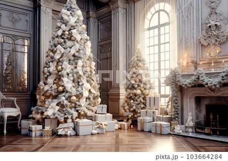 Christmas tree and white gift boxes with golden bows in interior. Generative AI 103664284