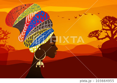 portrait beautiful African woman in traditional turban tribal motifs, Kente head wrap, African Traditional black women vector silhouette isolated on Africa safari landscape background 103664955