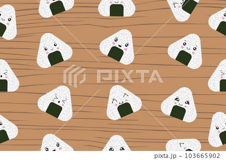 Seamless pattern with onigiri in kawaii style. Sushi in kawaii style. Cute cartoon onigiri with a face. Vector illustration. 103665902