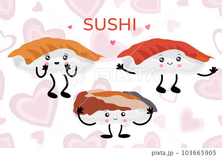 Kawaii Sushi seamless pattern. Vector background of cute sushi, rolls, sashimi with smiling face and pink cheeks in kawaii style. Japanese asian traditional food. Cartoon emoji for textile, web, print 103665905