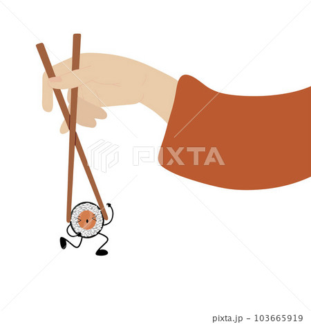 Chopsticks holding a sushi frame. Conceptual illustration of snacks, sushi, exotic food, seafood. Template for sushi restaurant, cafe, delivery or your business. 103665919