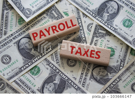Payroll taxes symbol. Concept word Payroll taxes on wooden blocks. Beautiful dollar background. Business and Payroll taxes concept. Copy space Payroll taxes symbol. Concept word Payroll taxes on wooden blocks. Beautiful dollar background. Business and Payroll taxes concept. Copy space 103666147