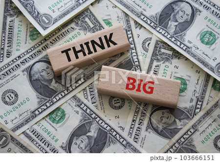 Think big symbol. Wooden blocks with words Think big. Beautiful dollar background. Business and Think big concept. Copy space. Think big symbol. Wooden blocks with words Think big. Beautiful dollar background. Business and Think big concept. Copy space. 103666151