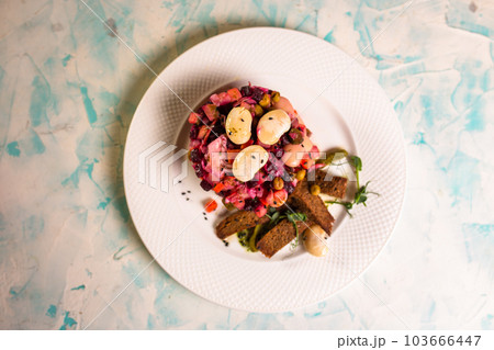 top view salad vinaigrette with black bread on a plate 103666447