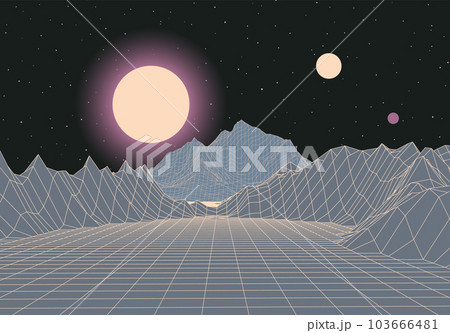 Retro futuristic landscape with mountains and sun in deep space. 80s styled synthwve landscape with sunrise over alien planet. 103666481