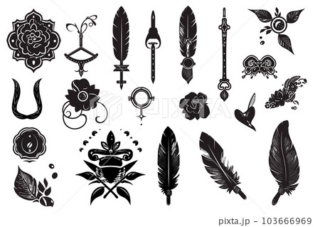 Vector tattoo collection isolated on white background. Silhouette illustration. Traditional art tattoos. 103666969