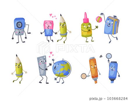 Funny School and Office Supply Humanized Character Vector Illustration Set 103668284