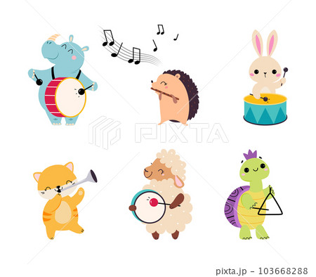 Funny Animal Character Playing Musical Instrument Performing Concert Vector Illustration Set Funny Animal Character Playing Musical Instrument Performing Concert Vector Illustration Set 103668288