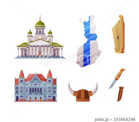 Finland Country Symbol with Cathedral, Theatre, Boundary, Kantele, Viking Helmet and Knife Vector Illustration Set 103668296