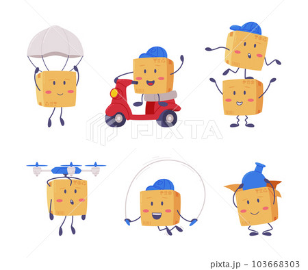 Cute Delivery Cardboard Box Character in Blue Cap Vector Illustration Set Cute Delivery Cardboard Box Character in Blue Cap Vector Illustration Set 103668303