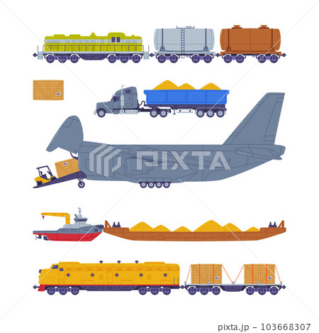 Cargo Transport with Truck, Plane and Railroad as Freight Delivery Logistics Service Vector Illustration Set 103668307