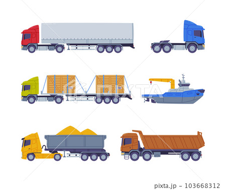 Cargo Transport with Truck and Ship as Freight Delivery Logistics Service Vector Illustration Set Cargo Transport with Truck and Ship as Freight Delivery Logistics Service Vector Illustration Set 103668312