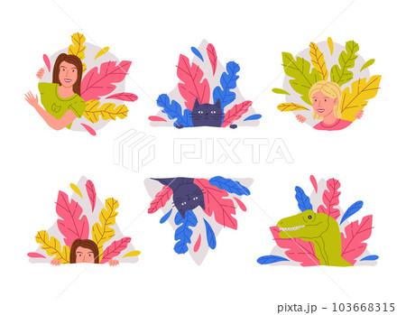 Woman and Animals Peeking Out of Window and Corner with Colorful Foliage Vector Set Woman and Animals Peeking Out of Window and Corner with Colorful Foliage Vector Set 103668315