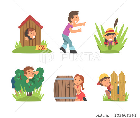 Kids Playing Hide and Seek Concealing Behind Fence and Bush Vector Set 103668361
