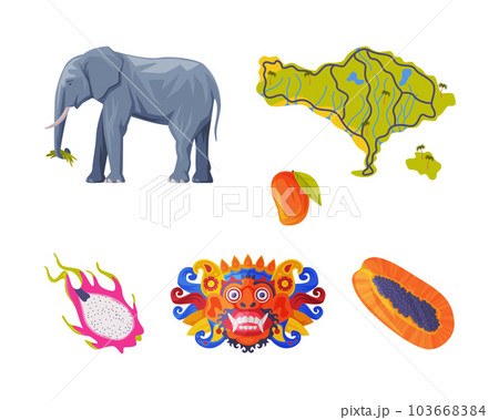Bali Traditional Cultural Attribute with Elephant, Fruit, Mask and Map Vector Illustration Set Bali Traditional Cultural Attribute with Elephant, Fruit, Mask and Map Vector Illustration Set 103668384
