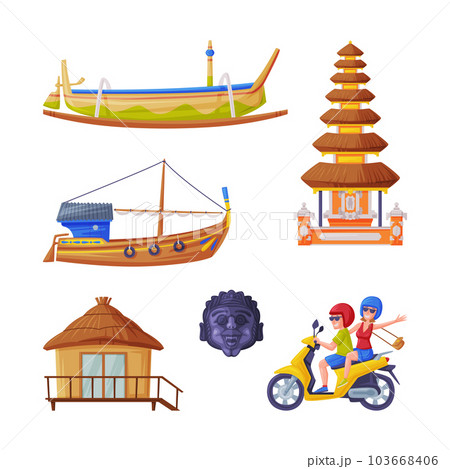 Bali Traditional Cultural Attribute with Temple, Boat, Bungalow and Moped Vector Illustration Set 103668406
