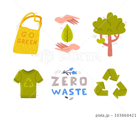 Care About Planet with Tree, Recycle Sign and Shopping Bag as Ecology and Environment Protection Vector Sticker Set 103668421
