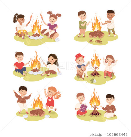 Little Children Sitting Near Campfire Playing Guitar and Frying Sausage Vector Set Little Children Sitting Near Campfire Playing Guitar and Frying Sausage Vector Set 103668442