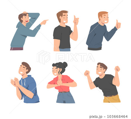 Excited People Character Looking at Someone Show Hand Gesture and Emotion Vector Set Excited People Character Looking at Someone Show Hand Gesture and Emotion Vector Set 103668464
