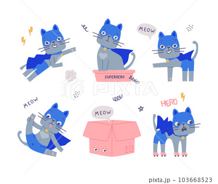 Superhero Grey Cat Wearing Blue Mask and Cape Having Super Power Vector Illustration Set Superhero Grey Cat Wearing Blue Mask and Cape Having Super Power Vector Illustration Set 103668523