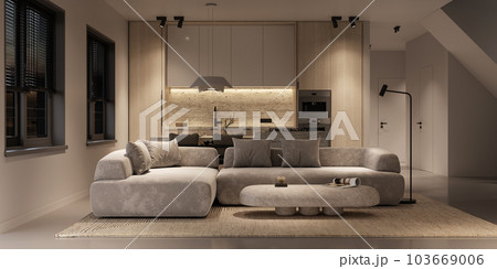 Beige living room interior with concrete floor, ceiling lamp and kitchen island. Panoramic window and night lighting, front view. 3d rendering. High quality 3d illustration Beige living room interior with concrete floor, ceiling lamp and kitchen island. Panoramic window and night lighting, front view. 3d rendering. High quality 3d illustration 103669006