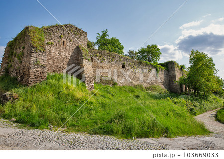 Old stone medieval walls in Kamianets-Podilskyi fortress, Ukraine. 103669033