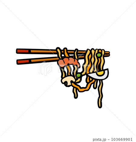 Ramen noodles and wooden sticks. Chopsticks with long pasta. Asian Japanese and Chinese food. Shrimp, egg and shiitake mushroom topping 103669901