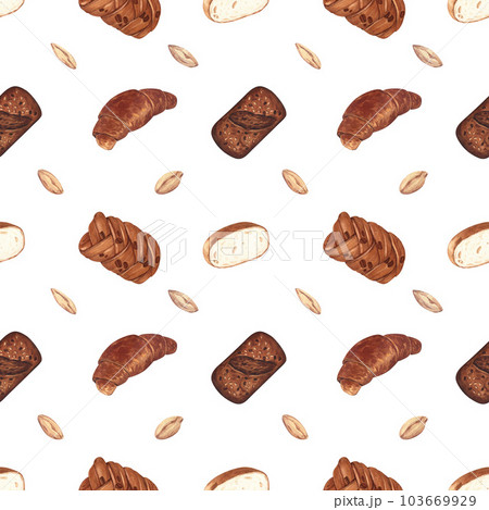 Watercolor seamless croissant and bun pattern. Hand-drawn illustration isolated on white background. Perfect concept for bakery confectionery, menu of bakeries, cafes, textiles. 103669929