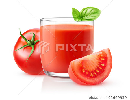 Tomato juice in glass and cut tomatoes isolated on white background 103669939