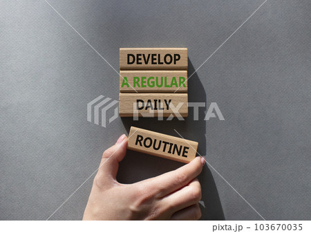 Develop a regular daily routine symbol. Concept words Develop a regular daily routine on wooden blocks. Beautiful grey background. Businessman hand. Business and concept. Copy space. 103670035