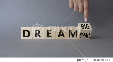 Dream Big vs Small symbol. Businessman Hand points at wooden cubes with words Dream Small and Dream Big. Beautiful grey background. Business and Dream concept. Copy space 103670151