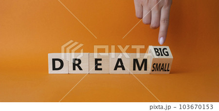 Dream Big vs Small symbol. Businessman Hand points at wooden cubes with words Dream Small and Dream Big. Beautiful orange background. Business and Dream concept. Copy space 103670153
