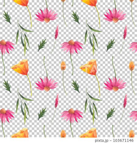 Floral seamless pattern with abstract wildflowers, plants and delicate branches, watercolor print isolated on white background for textile or wallpapers, illustration in provence style 103671146