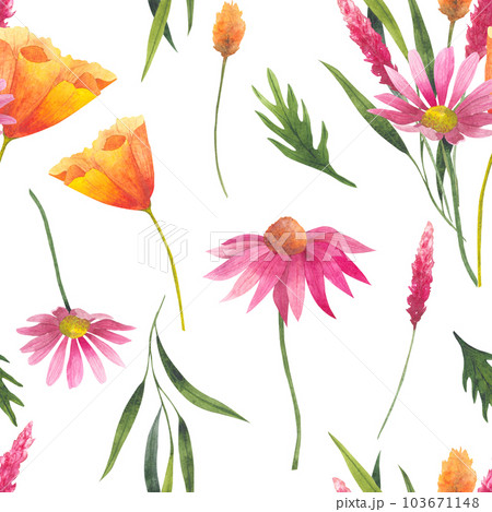 Floral seamless pattern with abstract wildflowers, plants and delicate branches, watercolor print isolated on white background for textile or wallpapers, illustration in provence style Floral seamless pattern with abstract wildflowers, plants and delicate branches, watercolor print isolated on white background for textile or wallpapers, illustration in provence style 103671148