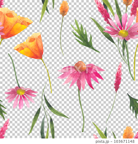 Floral seamless pattern with abstract wildflowers, plants and delicate branches, watercolor print isolated on white background for textile or wallpapers, illustration in provence style Floral seamless pattern with abstract wildflowers, plants and delicate branches, watercolor print isolated on white background for textile or wallpapers, illustration in provence style 103671148