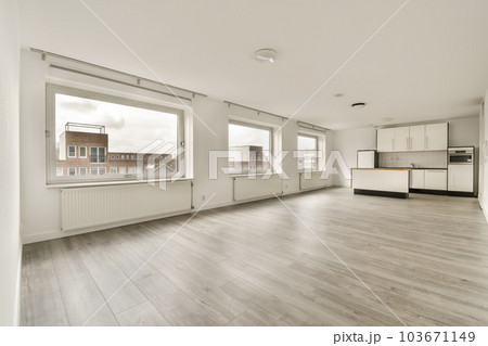 an empty living room with wood flooring and white cabinetd appliances on the windows overlooking out onto the street an empty living room with wood flooring and white cabinetd appliances on the windows overlooking out onto the street 103671149