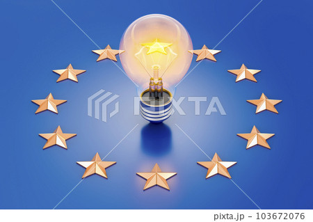 Lightbulb on the EU flag. Electric energy consumption in the European Union, 3D rendering Lightbulb on the EU flag. Electric energy consumption in the European Union, 3D rendering 103672076