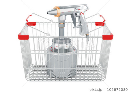 Portable Sand Blaster Gun inside shopping basket, 3D rendering Portable Sand Blaster Gun inside shopping basket, 3D rendering 103672080