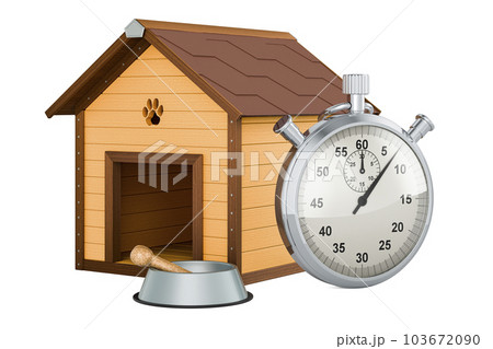 Wooden doghouse with bowl and bone with stopwatch, 3D rendering 103672090
