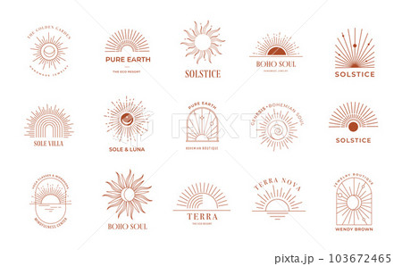Bohemian linear sun logos, icons and symbols, minimalist arc and window design templates, geometric Bohemian linear sun logos, icons and symbols, minimalist arc and window design templates, geometric 103672465