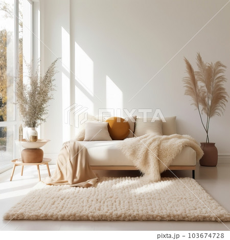 Contemporary home interior with sofa, folded blanket and pillows, detailed room decor, empty wall mockup 103674728