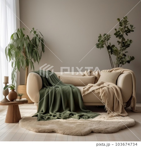 Contemporary home interior with sofa, folded blanket and pillows, detailed room decor, empty wall mockup 103674734